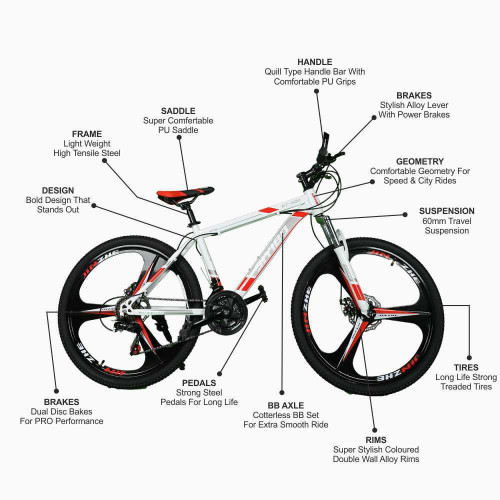 Siyibo GT-524 Macwheel MTB Cycle 26T Shimano Gears 21 Speed Dual Disc Brakes For Adults (White Red)