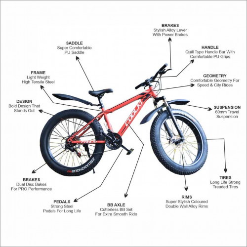 COOLKI SS026 Fat Tyre Cycle For Kids and Adults 26T Shimano Multi Speed Gears In Steel Body (Red)