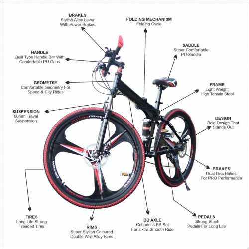 Walkontek Kaka001 Foldable Mountain Bicycle 21 Shimnao Gears 26 inch tyre with Hydraulic Suspension (Black N Red)