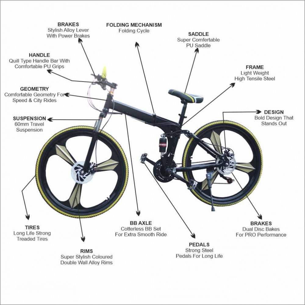 Walkontek Kaka001 Foldable Mountain Bicycle 21 Shimnao Gears 26 inch tyre with Hydraulic Suspension (Black N Yellow)